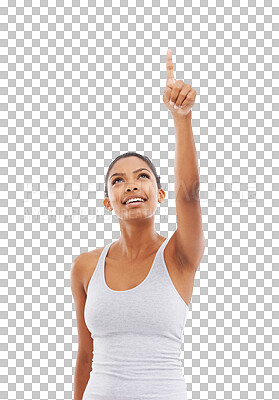 Buy stock photo Fitness, pointing or happy woman gesture at sport choice, health workout tips or exercise brand promotion. Training service info, advertising or healthy person isolated on transparent, png background