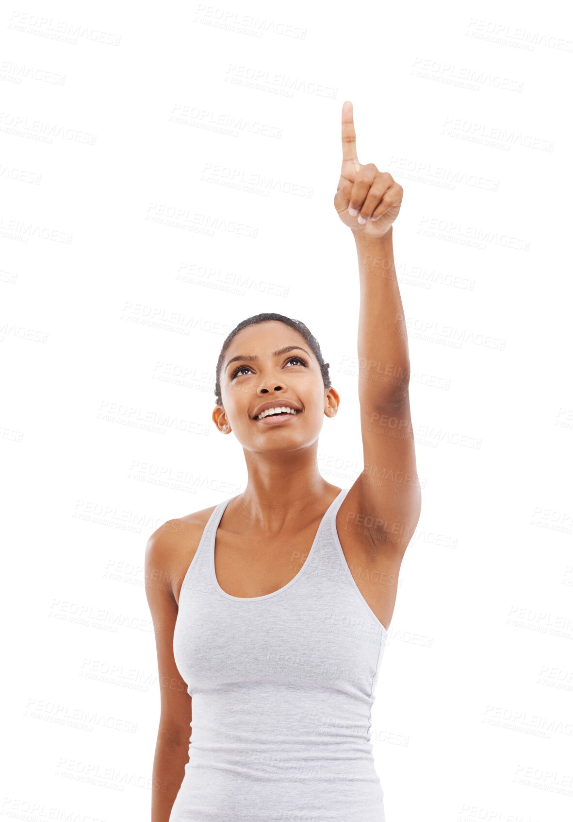 Buy stock photo Fitness, pointing or happy woman gesture at sport choice, health workout tips or exercise brand promotion. Training service info, advertising or healthy person isolated on transparent, png background