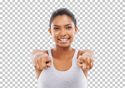 Buy stock photo Portrait, pointing and vote with a woman isolated on a transparent background for a choice, decision or selection. Hands, smile and you with a happy young female person on PNG to point for motivation