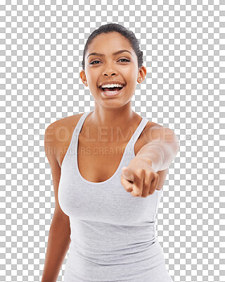 Buy stock photo Isolated woman, pointing and you for fitness, portrait or gym recruitment by transparent png background. Girl, model or personal trainer with choice, selection or sign for decision with excited smile