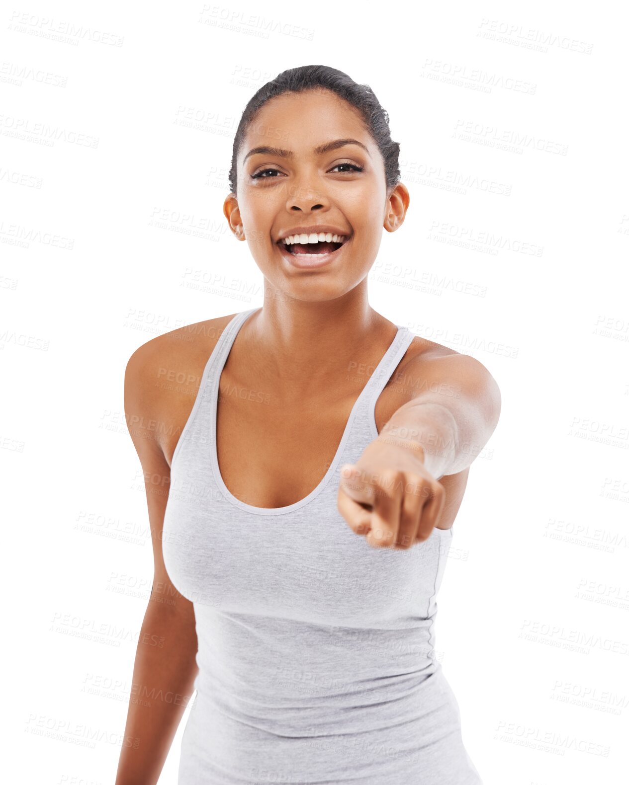 Buy stock photo Isolated woman, pointing and you for fitness, portrait or gym recruitment by transparent png background. Girl, model or personal trainer with choice, selection or sign for decision with excited smile