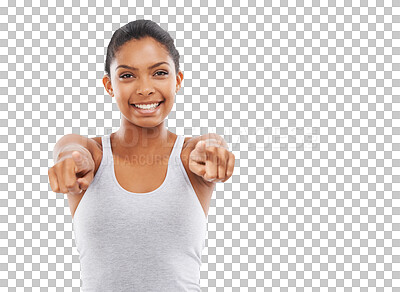 Buy stock photo Isolated woman, point and you for fitness, portrait and gym recruitment by transparent png background. Girl, model or personal trainer with choice, selection and sign for decision with excited smile