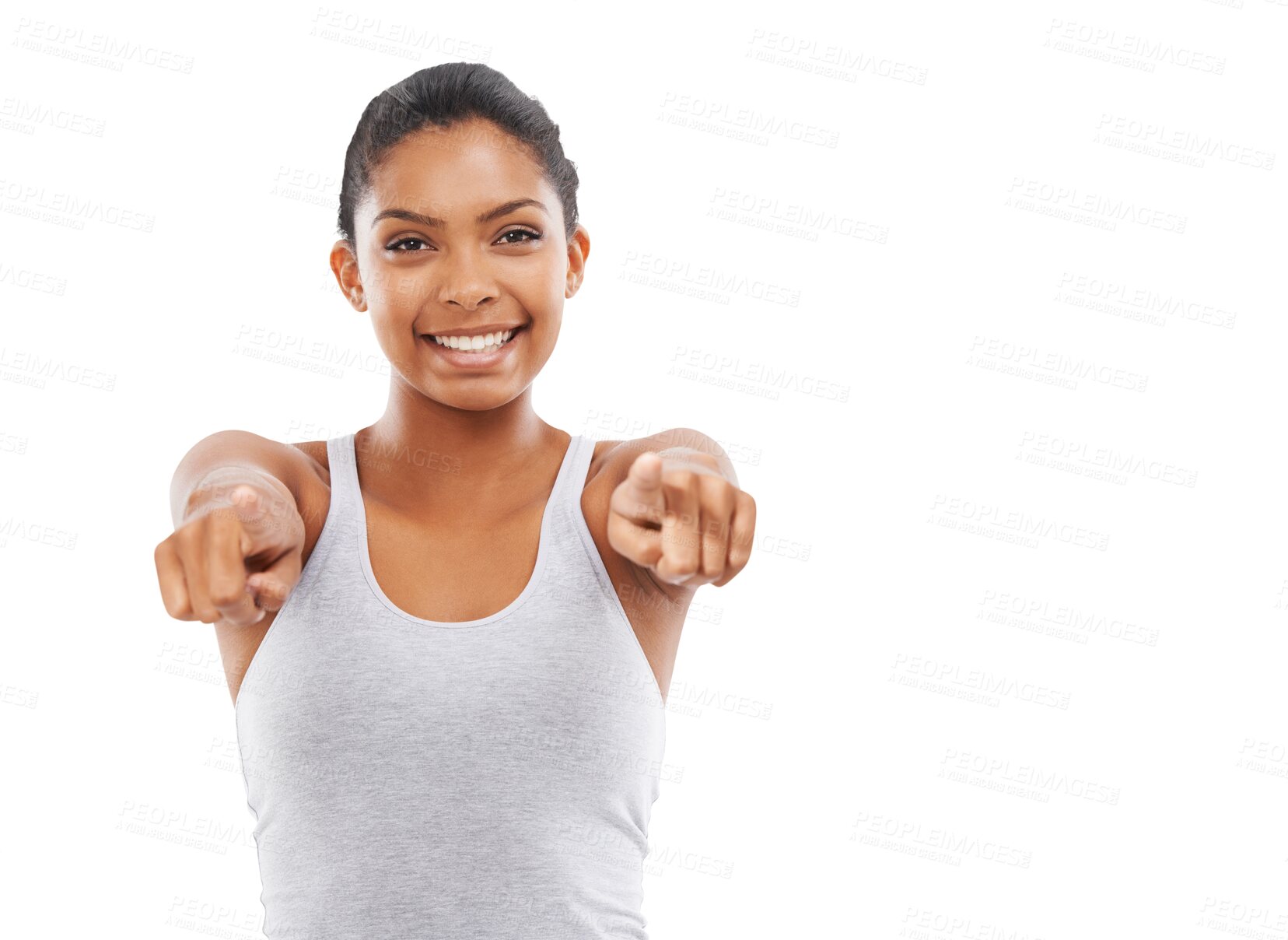 Buy stock photo Isolated woman, point and you for fitness, portrait and gym recruitment by transparent png background. Girl, model or personal trainer with choice, selection and sign for decision with excited smile