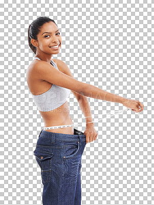 Buy stock photo Happy woman, portrait and baggy jeans with tape measure on isolated, transparent and png background. Smile, measuring and female face with lose weight, exercise or healthy diet, results or motivation