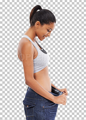 Buy stock photo Diet, transformation and woman with big pants on isolated, transparent and png background. Weight loss, success and change by female person with baggy jeans for comparison, results and detox progress