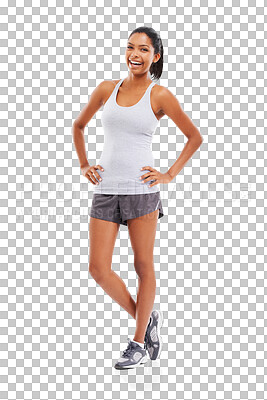 Buy stock photo Body, fitness and portrait of happy woman isolated on transparent png background with confidence and pride. Health, wellness and sports athlete girl with smile on face, exercise and confident workout