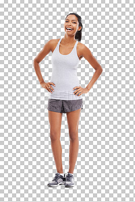 Buy stock photo Smile, fitness and body portrait of happy woman isolated on transparent png background with confidence and pride. Health, wellness and sports athlete girl with balance, exercise and confident workout