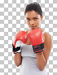 A gorgeous young woman wearing boxing gloves isolated on png background