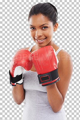 Buy stock photo Sports, portrait and happy woman with boxing gloves for training on isolated, transparent or png background. Smile, face and lady boxer ready for fight, workout or fitness, challenge or match workout