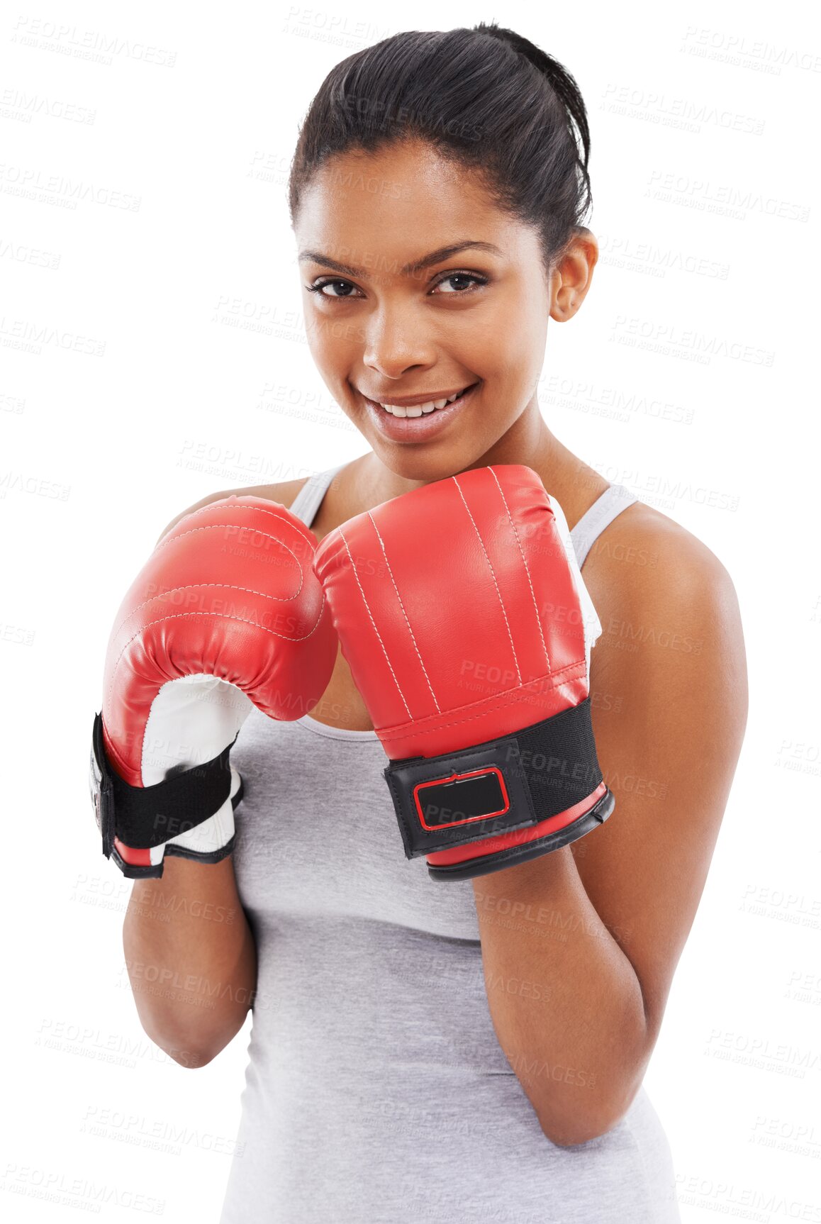 Buy stock photo Sports, portrait and happy woman with boxing gloves for training on isolated, transparent or png background. Smile, face and lady boxer ready for fight, workout or fitness, challenge or match workout