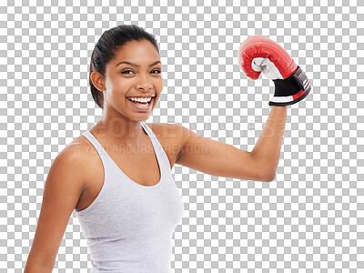 Buy stock photo Boxing gloves, portrait and woman flexing for fitness on isolated, transparent and png background. Sports, fighter and face of female boxer with arm flex for training, goal and resilience challenge