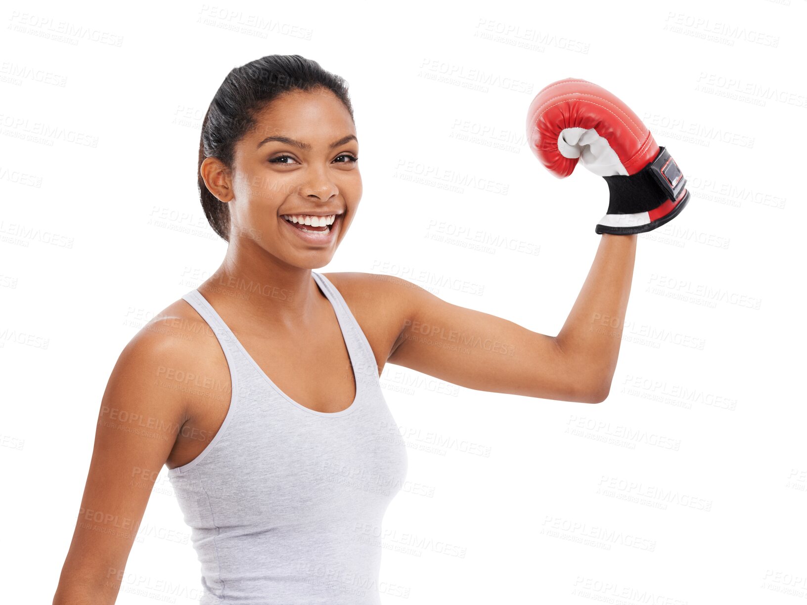 Buy stock photo Boxing gloves, portrait and woman flexing for fitness on isolated, transparent and png background. Sports, fighter and face of female boxer with arm flex for training, goal and resilience challenge