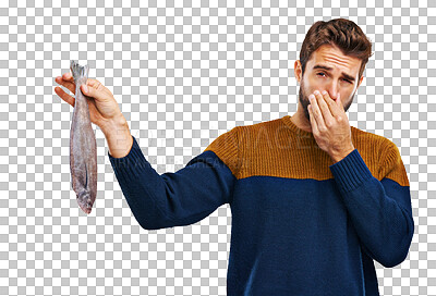 Buy stock photo Fish smell, bad and man portrait holding nose isolated on transparent, png background. Dead seafood, funny gesture and male person with comedy and prank feeling disgust from smelly food with humor