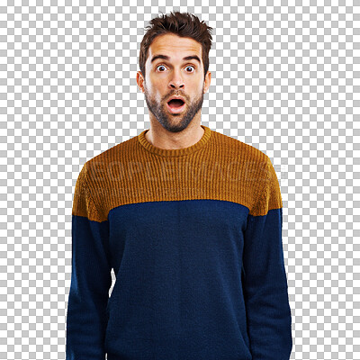 Buy stock photo Portrait, wow and surprised man on isolated, transparent and png background with announcement. Face, omg and male person with open mouth emoji for good news, sale or deal, secret or gossip reaction 