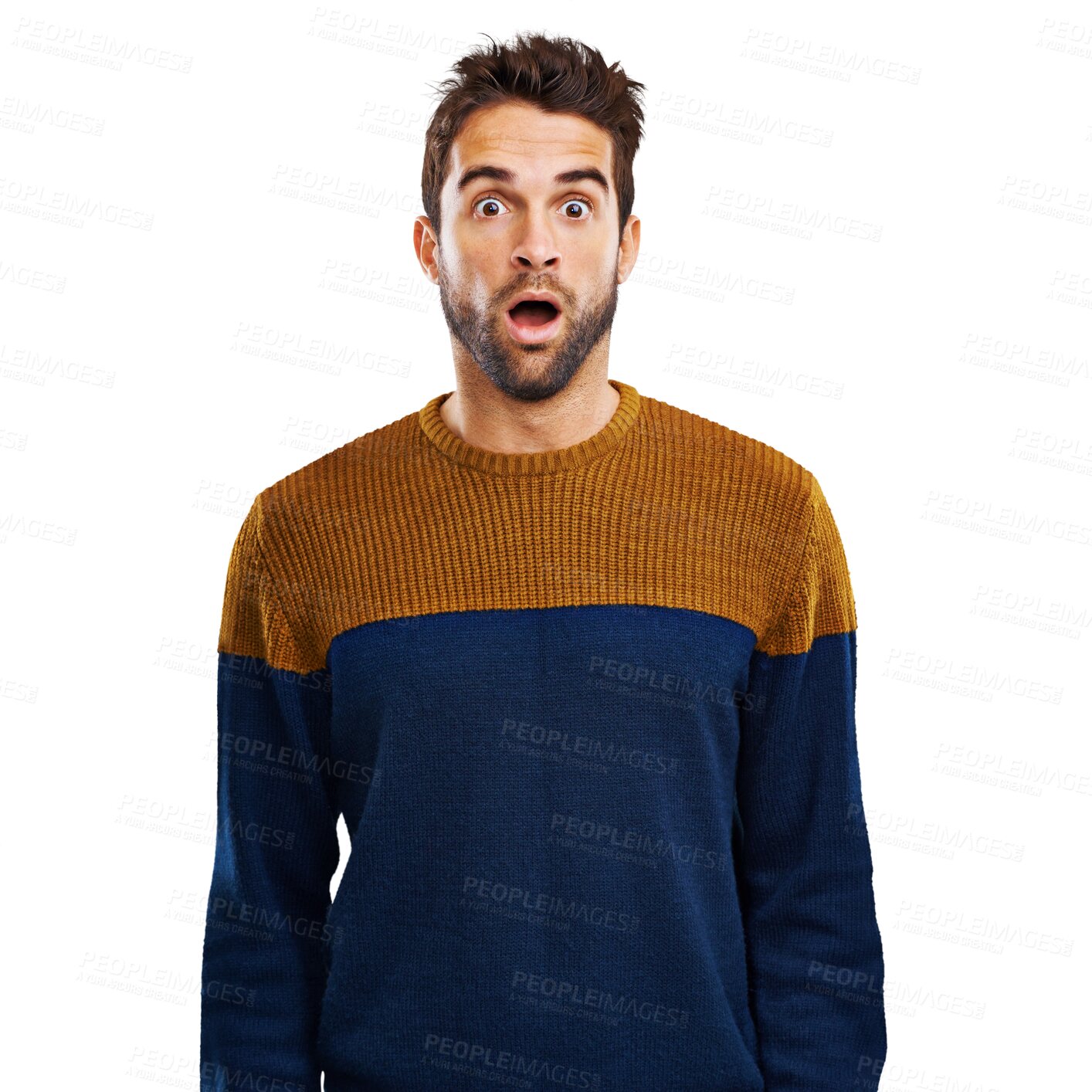 Buy stock photo Portrait, wow and surprised man on isolated, transparent and png background with announcement. Face, omg and male person with open mouth emoji for good news, sale or deal, secret or gossip reaction 