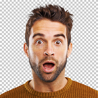 Buy stock photo Wow, surprise and portrait of man on isolated, transparent or png background with announcement. Face, omg and male person with open mouth emoji for good news, sale or deal, secret or gossip reaction 