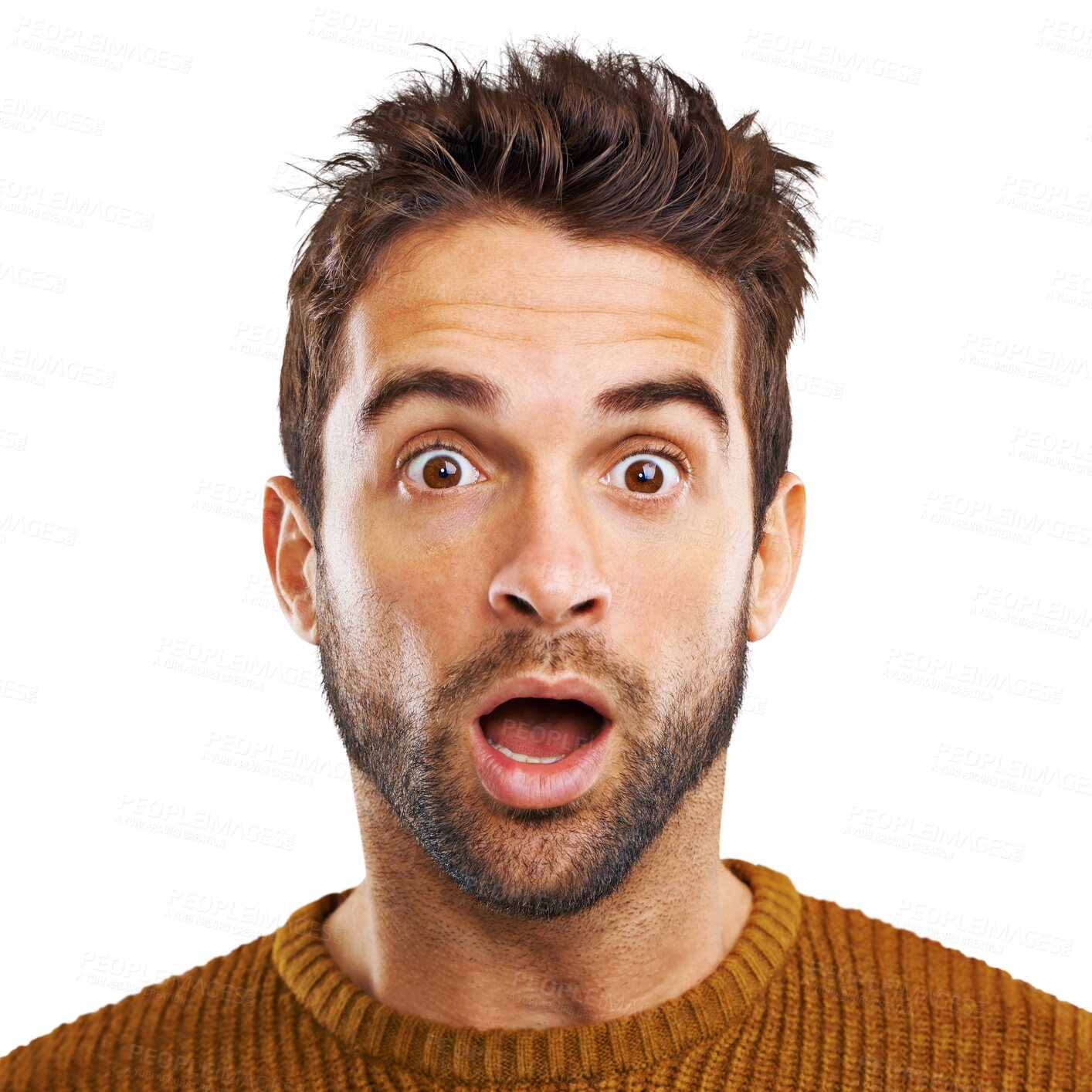 Buy stock photo Wow, surprise and portrait of man on isolated, transparent or png background with announcement. Face, omg and male person with open mouth emoji for good news, sale or deal, secret or gossip reaction 