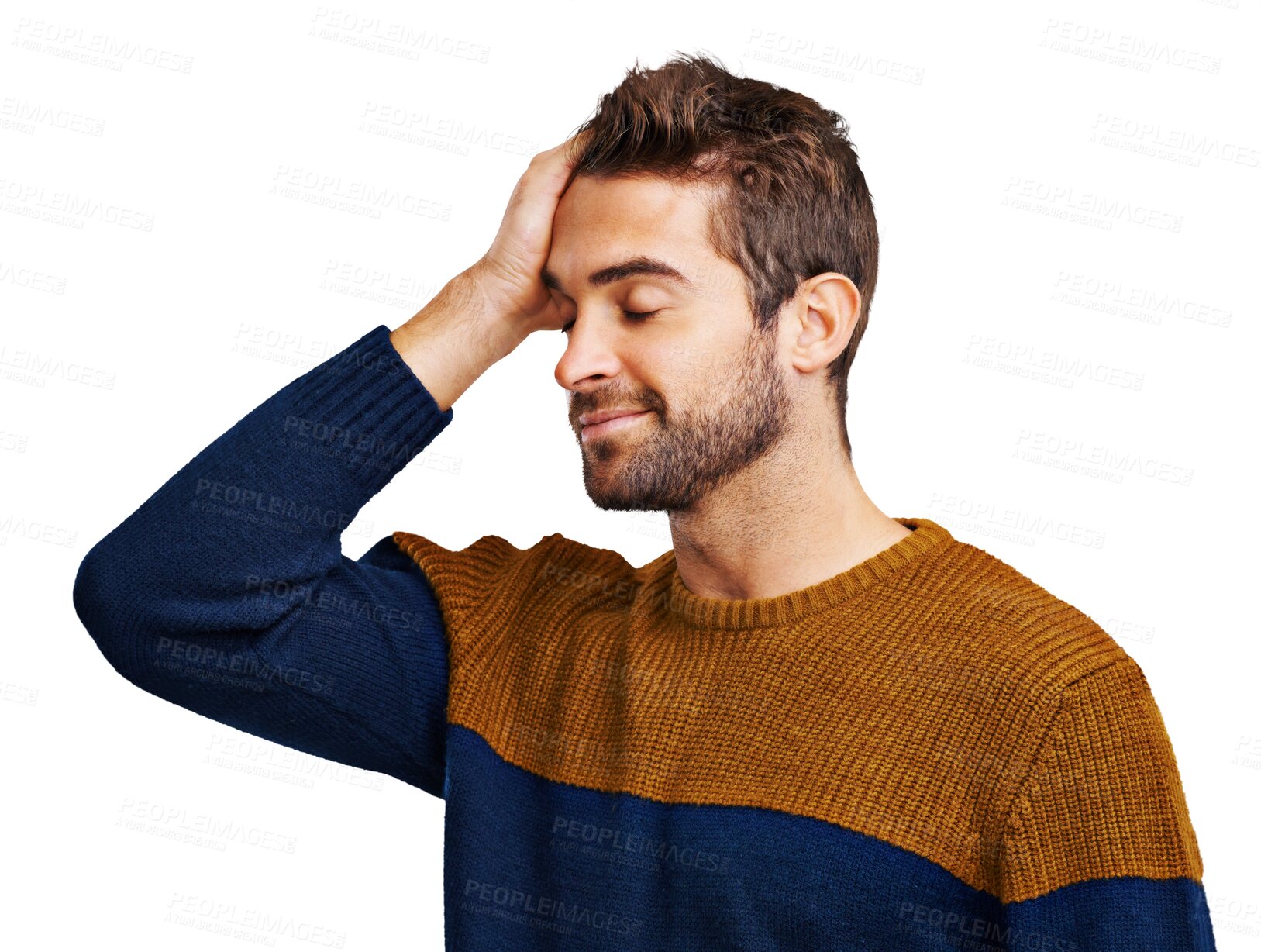 Buy stock photo Face palm, man and isolated on a transparent, png background feeling silly from mistake. Young male person, modern fashion and regret smile from error with trendy guy style and forget alone 