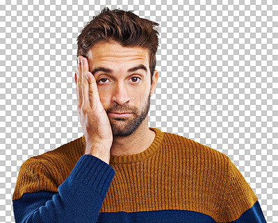 Buy stock photo Face palm, man portrait and isolated on a transparent, png background feeling doubt from mistake. Young male person, modern and bored regret from error and fail tired and hand holding guy head 