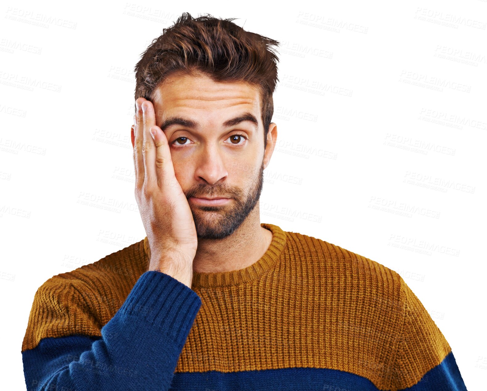 Buy stock photo Face palm, man portrait and isolated on a transparent, png background feeling doubt from mistake. Young male person, modern and bored regret from error and fail tired and hand holding guy head 