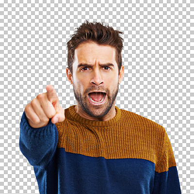 Buy stock photo Pointing, hand and portrait of angry man shouting on isolated, transparent and png background. Face, scream and frustrated male person with finger gesture for warning, threat or conflict reaction