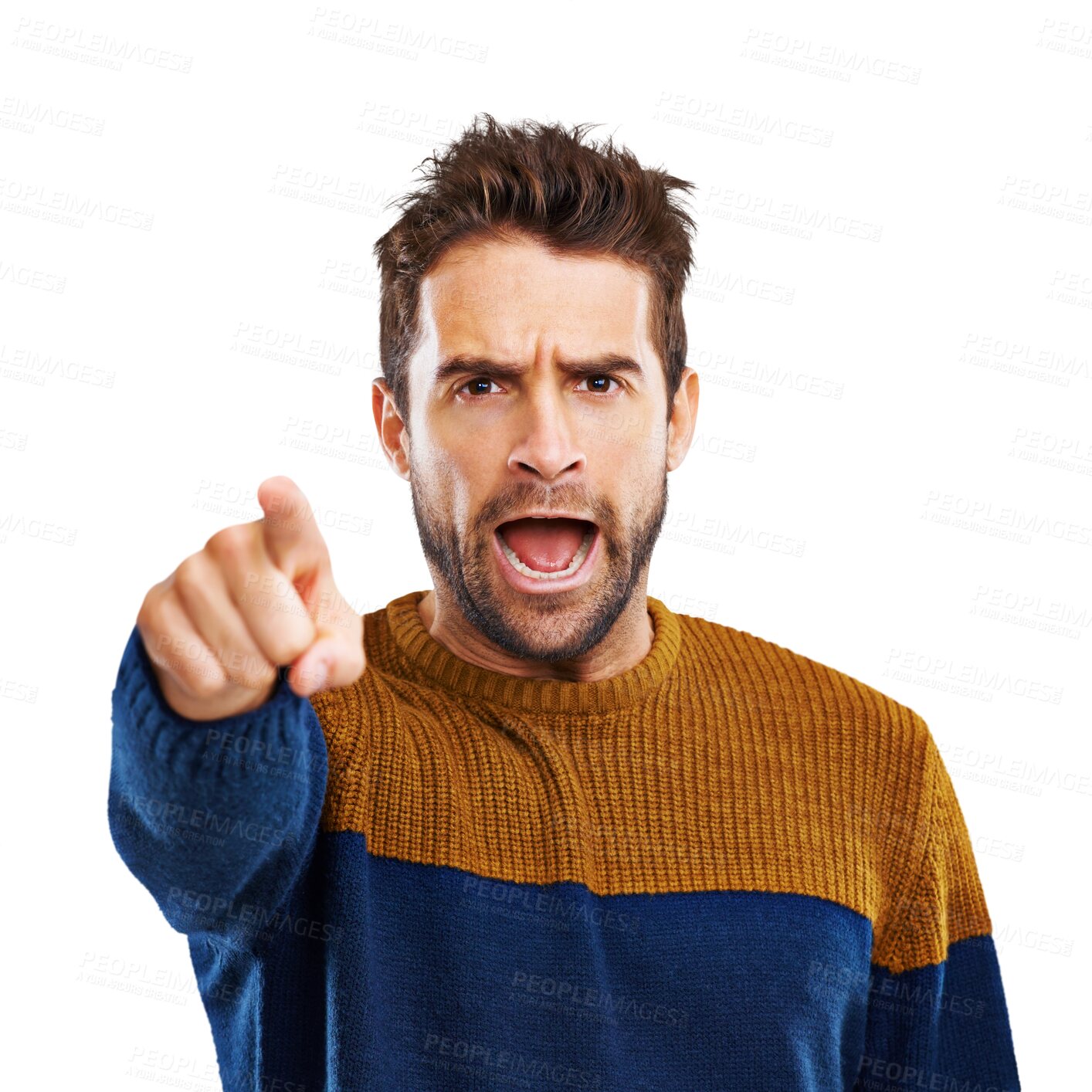 Buy stock photo Pointing, hand and portrait of angry man shouting on isolated, transparent and png background. Face, scream and frustrated male person with finger gesture for warning, threat or conflict reaction