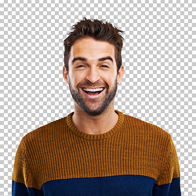 Buy stock photo Man, laughing and portrait with funny joke isolated on a transparent, png background. Happy, smile and young male person with comedy and modern jersey with fashion and crazy humor feeling goofy