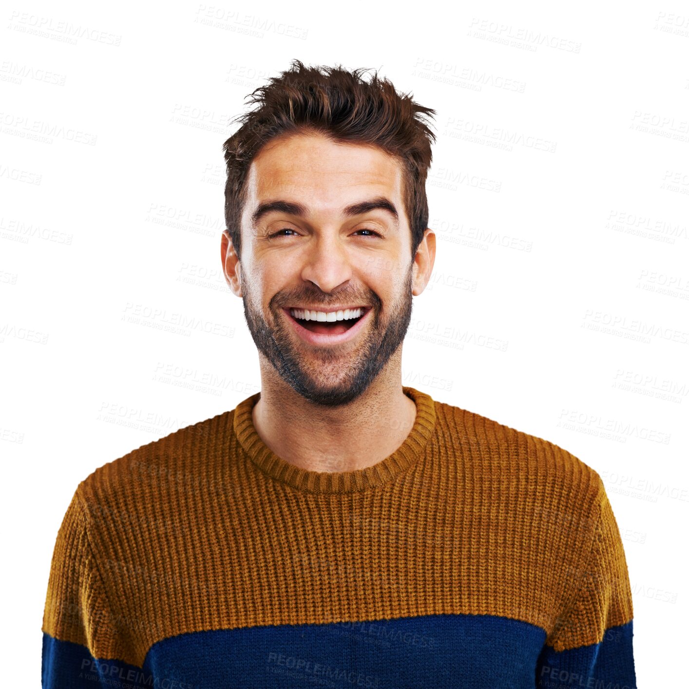 Buy stock photo Man, laughing and portrait with funny joke isolated on a transparent, png background. Happy, smile and young male person with comedy and modern jersey with fashion and crazy humor feeling goofy