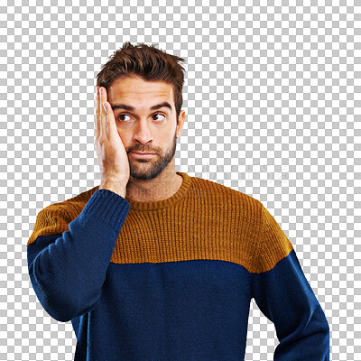 Buy stock photo Face palm, embarrassed man and isolated on a transparent, png background feeling silly from mistake. Young male person, modern fashion and regret from error with funny stress and hand on head