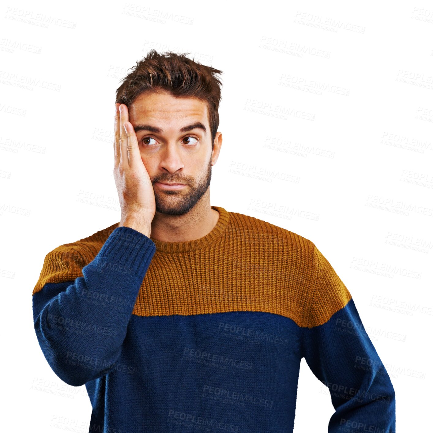 Buy stock photo Face palm, embarrassed man and isolated on a transparent, png background feeling silly from mistake. Young male person, modern fashion and regret from error with funny stress and hand on head