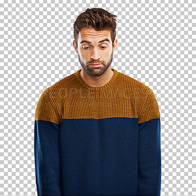 Buy stock photo Tired, burnout and sad man with fatigue or low energy on isolated, transparent and png background. Exhausted, sleepy and male person with insomnia problem, depression or fail, mental health or crisis