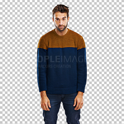 Buy stock photo Portrait, annoyed and man with bad attitude on isolated, transparent and png background. Face, depression and male model with low energy, problem and fail or mental health crisis, burnout or fatigue