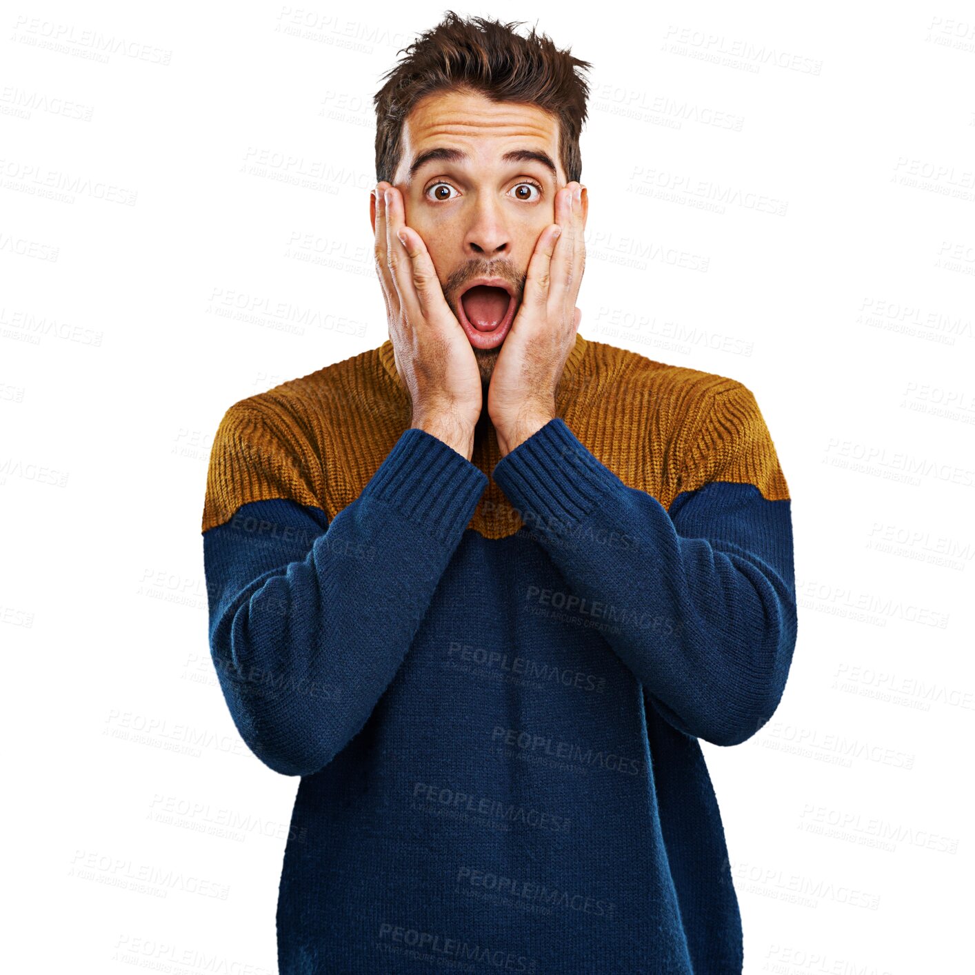 Buy stock photo Wow, surprise and hands on face of man on isolated, transparent and png background with announcement. Portrait, omg and male person with open mouth emoji for good news, sale or deal, secret or wtf 