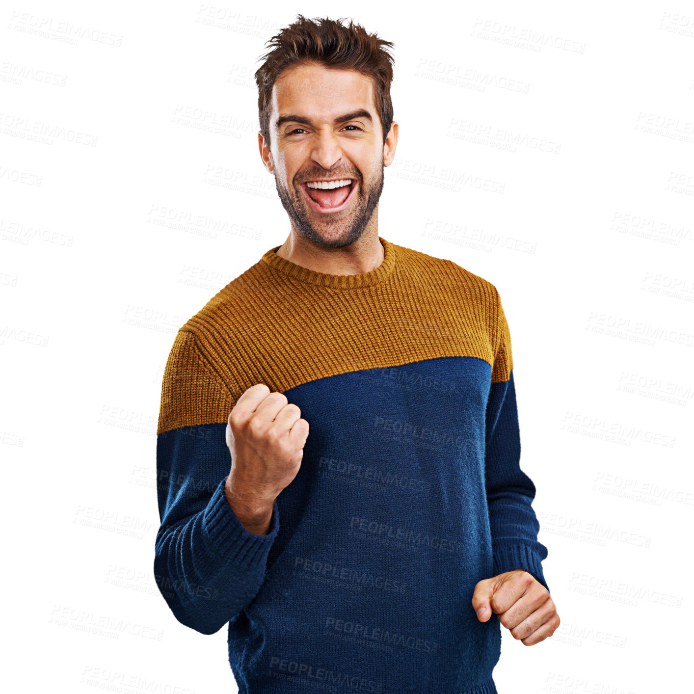 Buy stock photo Portrait, success and man winner with fist pump on isolated, transparent and png background. Face, wow and male person with hands in celebration of good news, sale or deal, announcement or promotion