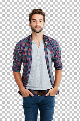 Buy stock photo Fashion, serious and portrait of a man with a casual, trendy or stylish outfit with confidence. Handsome, young and attractive male model posing with cool style isolated by transparent png background