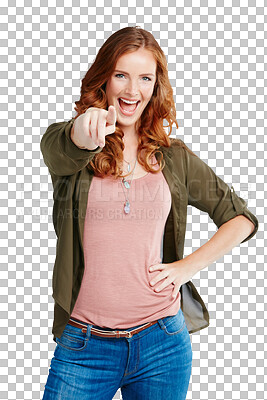 Buy stock photo Portrait, fashion and pointing at you with a woman isolated on a transparent background to select her choice. Vote, review or decision with an excited female model on PNG to point at an option