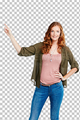 Buy stock photo Portrait, information and pointing with a woman isolated on transparent background to direct your attention to an announcement. Review, presentation or marketing with a young brand ambassador on PNG