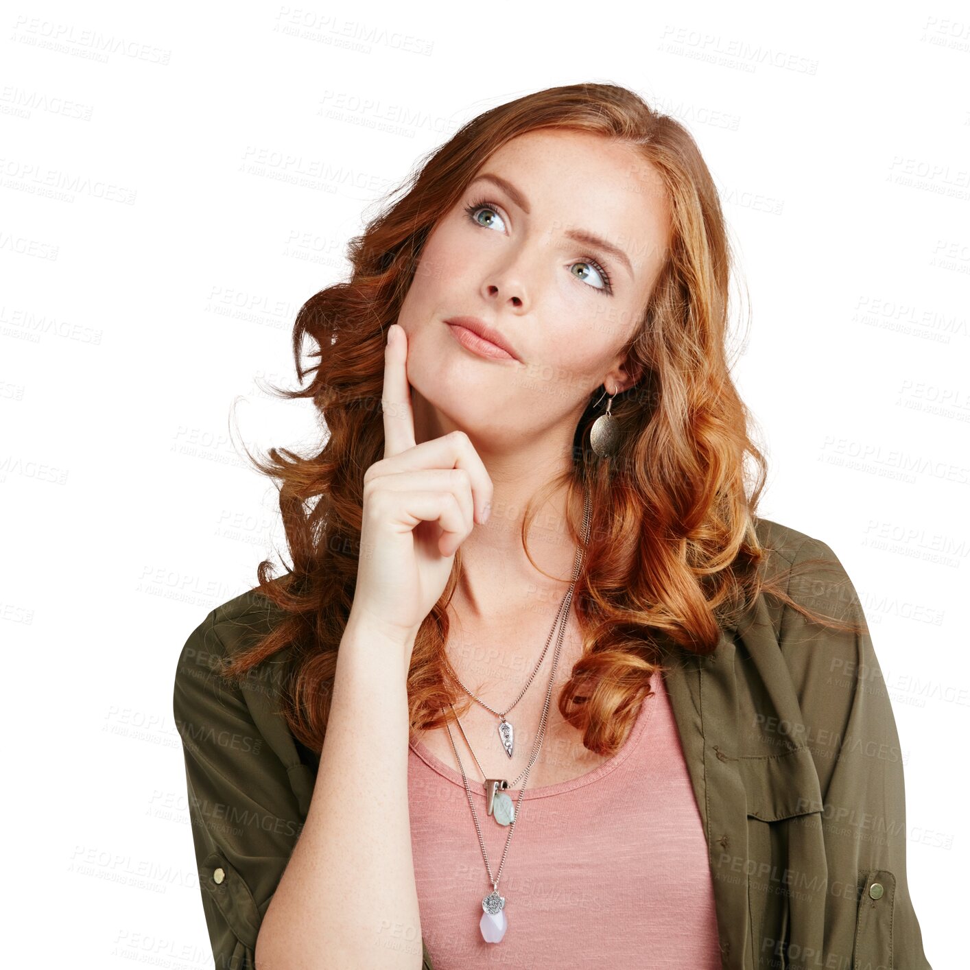 Buy stock photo Thinking, decision or memory with a woman isolated on a transparent background contemplating a thought. Idea, planning or vision with an attractive young female person looking pensive on PNG