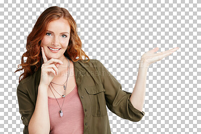 Buy stock photo Portrait, information and presentation with a woman isolated on a transparent background to direct attention to an announcement. Review, advertising or marketing with a young brand ambassador on PNG