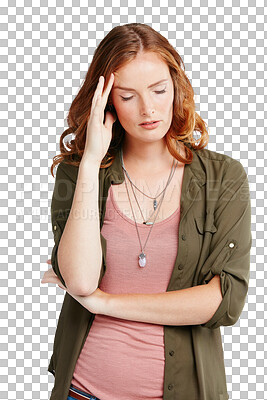 Buy stock photo Stress, headache and young woman with burnout, exhaustion or frustration with casual outfit. Upset, overworked and tired or sick female person with a migraine isolated by a transparent png background