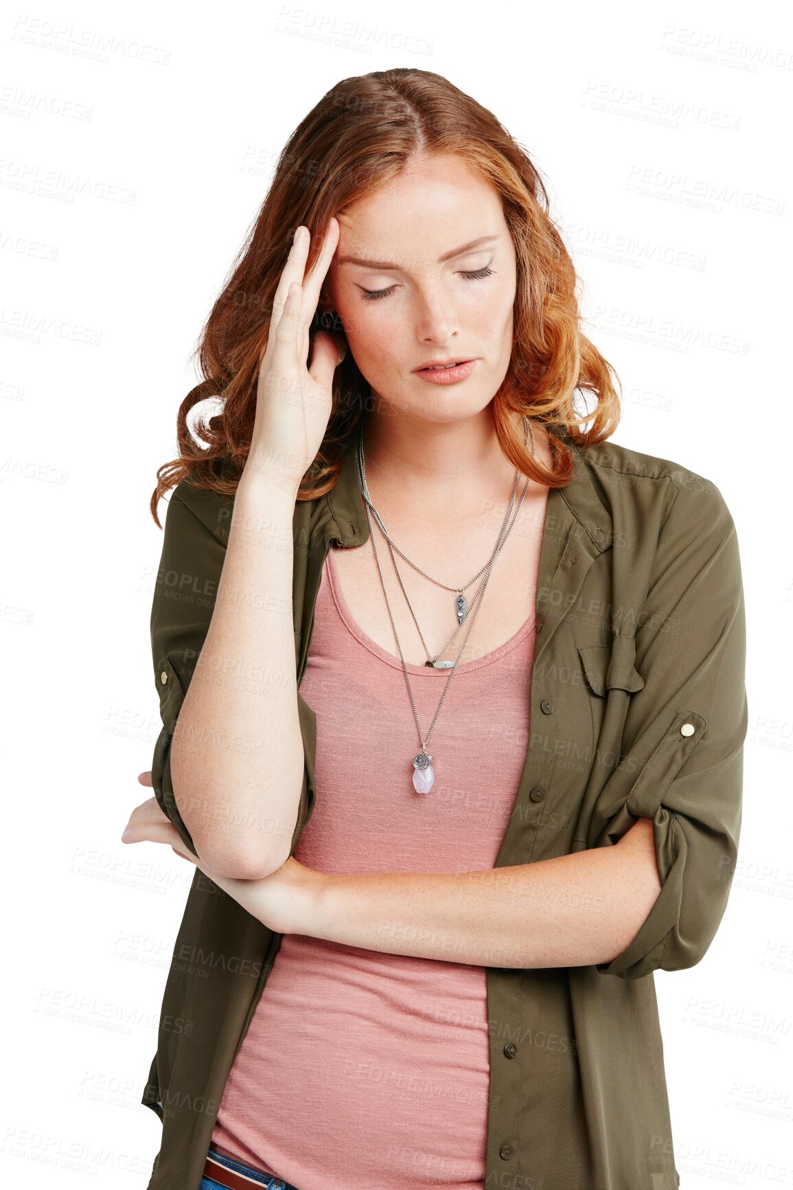 Buy stock photo Stress, headache and young woman with burnout, exhaustion or frustration with casual outfit. Upset, overworked and tired or sick female person with a migraine isolated by a transparent png background