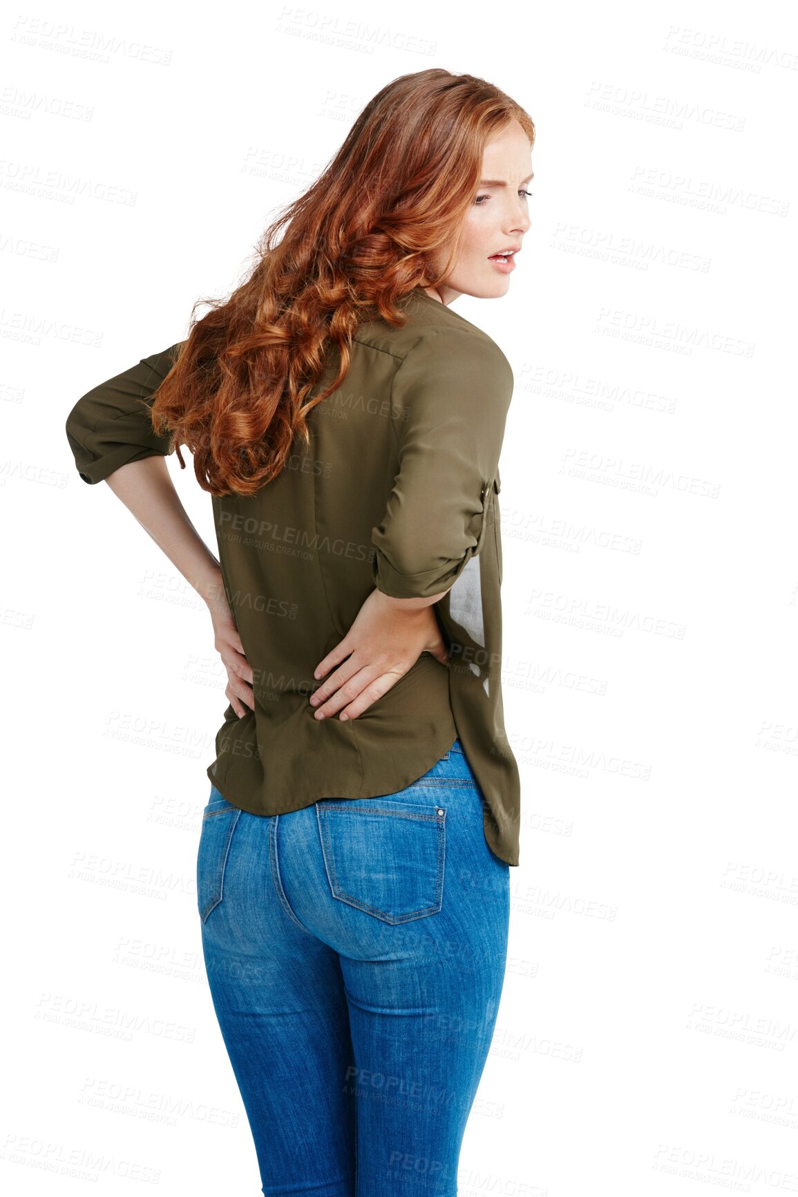 Buy stock photo Fatigue, injury and woman with back pain, health issue and model isolated against a transparent background. Female person, body and girl with medical problem, muscle tension and png with inflammation