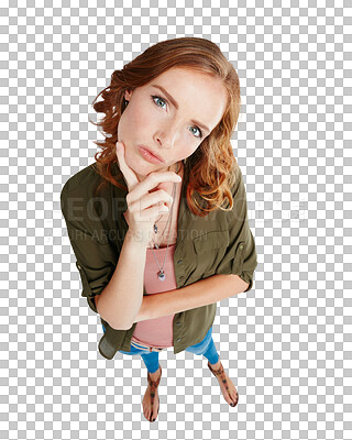 Buy stock photo Portrait, thinking and decision with a woman isolated on a transparent background contemplating a thought. Idea, planning or memory with an attractive young female person looking pensive on PNG