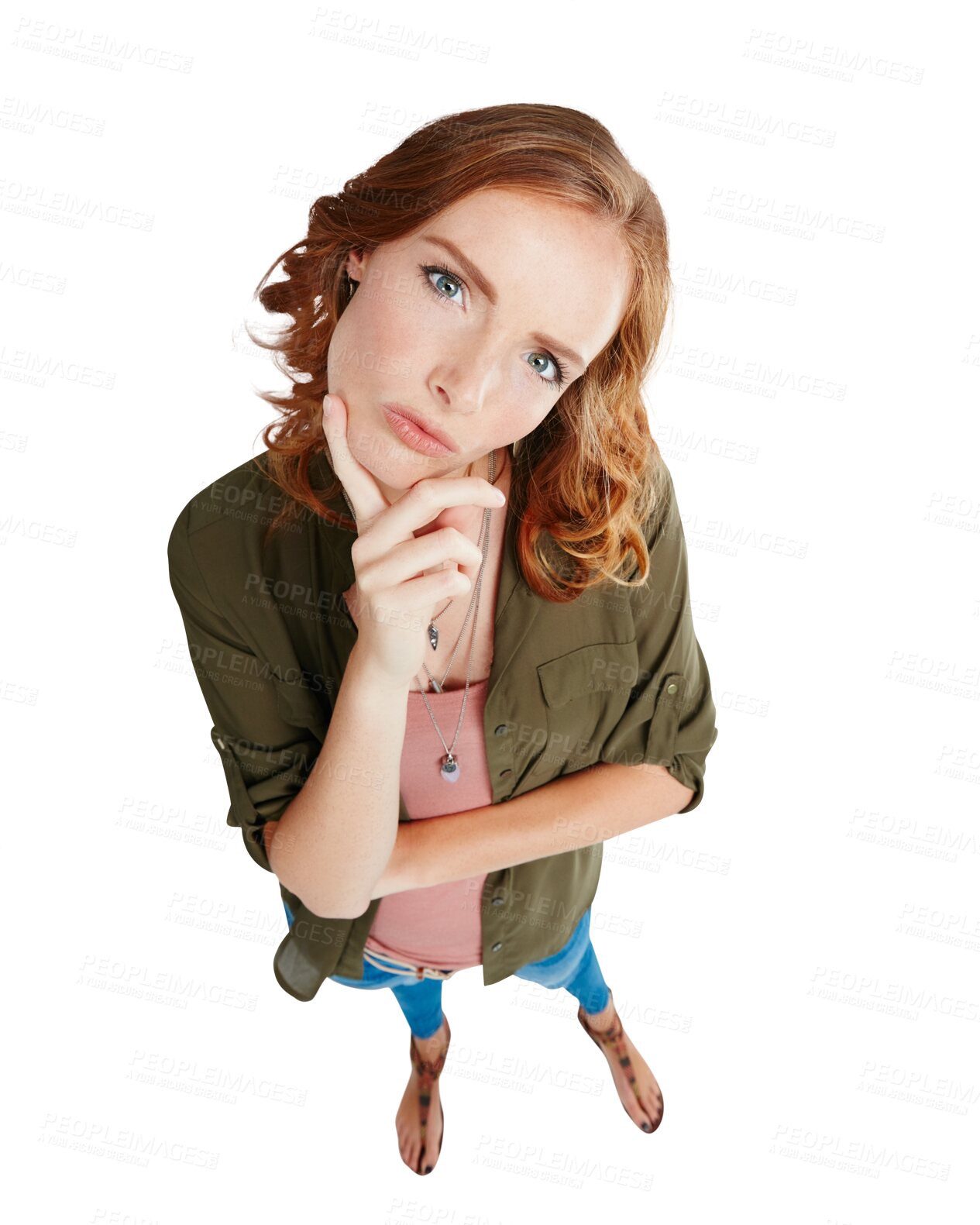 Buy stock photo Portrait, thinking and decision with a woman isolated on a transparent background contemplating a thought. Idea, planning or memory with an attractive young female person looking pensive on PNG