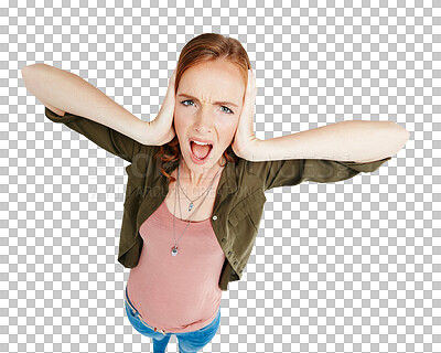 Buy stock photo Portrait, screaming and covering ears with a woman isolated on a transparent background to block noise. Stress, mental health and anxiety with a frustrated female person shouting loud on above PNG