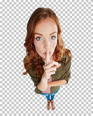 Buy stock photo Quiet, warning and portrait of a woman with a secret, silence and teacher discipline. Rumor, young and above of a teaching girl with hand on mouth for silent isolated on a transparent png background