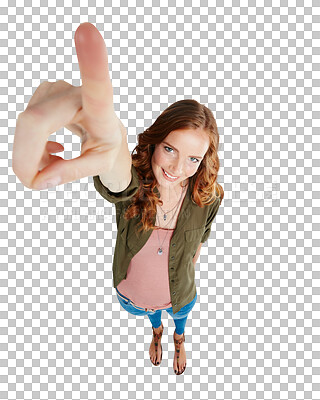 Buy stock photo Portrait, pointing and sale announcement with a woman isolated on a transparent background to show information. Smile, marketing and hand gesture with a happy young female person on PNG from above