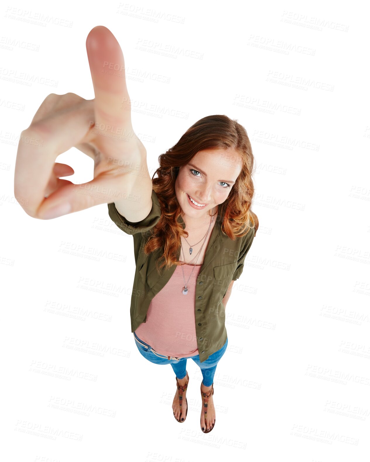 Buy stock photo Portrait, pointing and sale announcement with a woman isolated on a transparent background to show information. Smile, marketing and hand gesture with a happy young female person on PNG from above