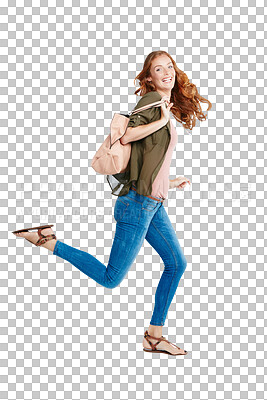 Buy stock photo Isolated student woman, backpack and running in portrait, late for class by transparent png background. Girl, travel and rush with run, fast and hurry to college, university or school with laughing