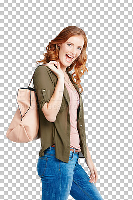 Buy stock photo Happy, shopping and portrait of woman with a bag for the weekend, happiness and confidence. Smile, young and an excited girl with an elegant and classy handbag isolated on transparent png background